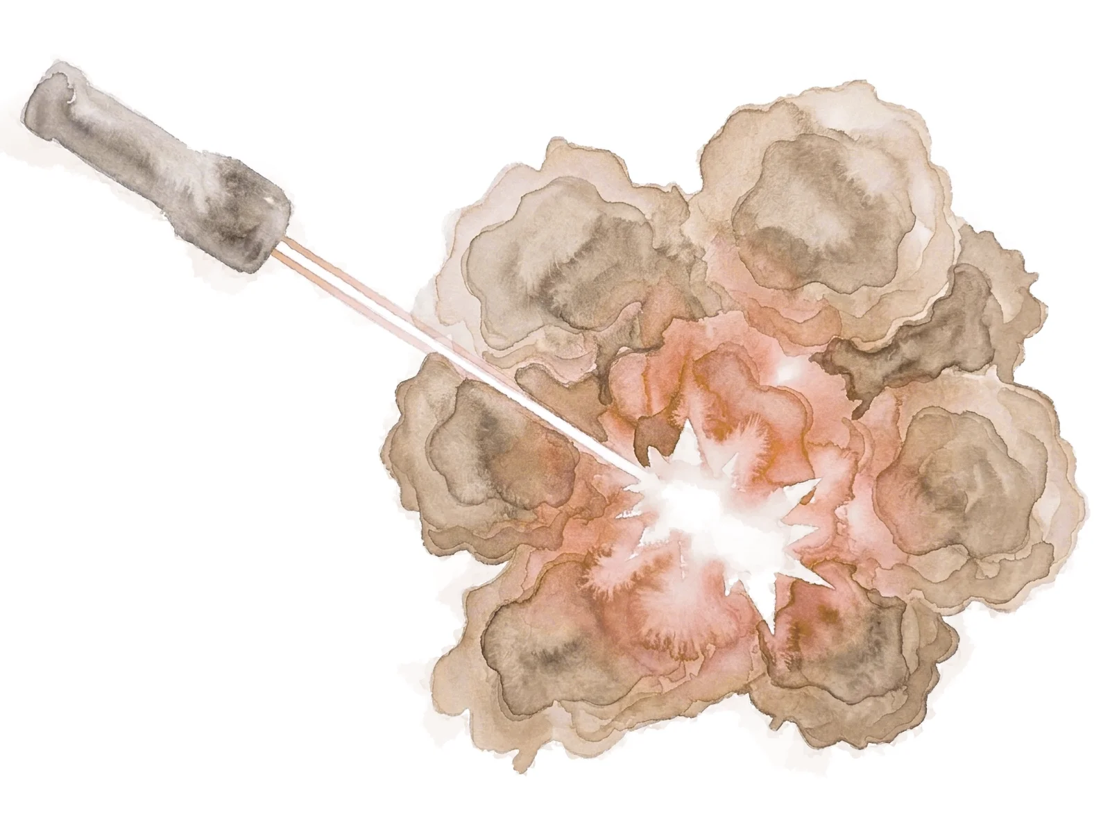 A watercolour of a handheld laser firing into a lobed tumour mass, the pigment turning to red where the beam lands